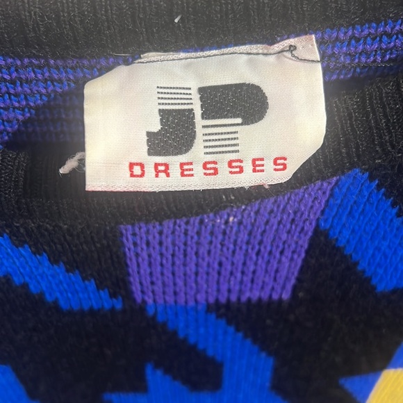 Vintage 80s Plus Size Houndstooth Geometric Funky Acrylic Dress Blue Yellow Pink - Picture 3 of 10